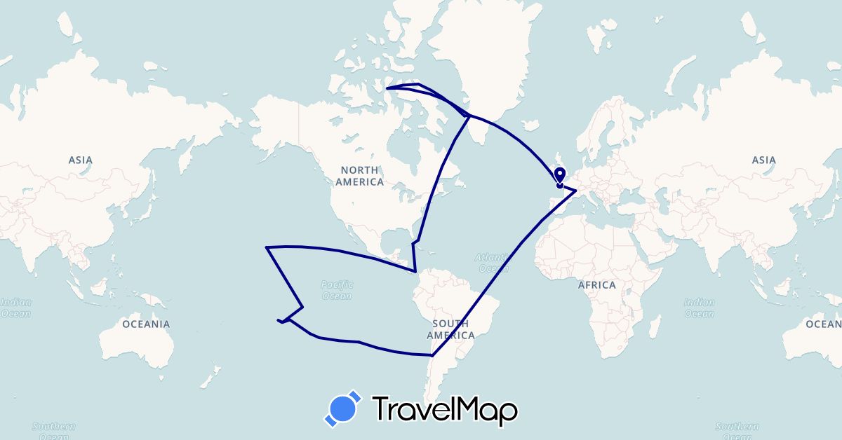 TravelMap itinerary: driving in Bahamas, Canada, Chile, Cuba, Spain, France, Greenland, Panama, Pitcairn Islands, United States (Europe, North America, Oceania, South America)